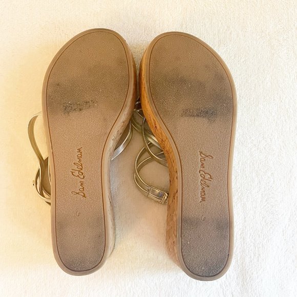 Sam Edelman Sandals 6 Reana Light Gold Strappy Cork Platform Wedge Heel Slides - Picture 10 of 11